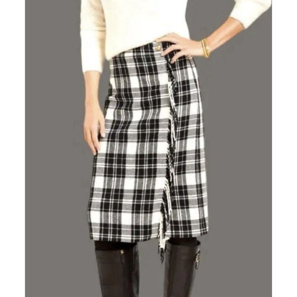 TALBOTS Black Ivory Ice Plaid Wool Blend Fringe Faux Wrap Skirt Sz 12 Midi